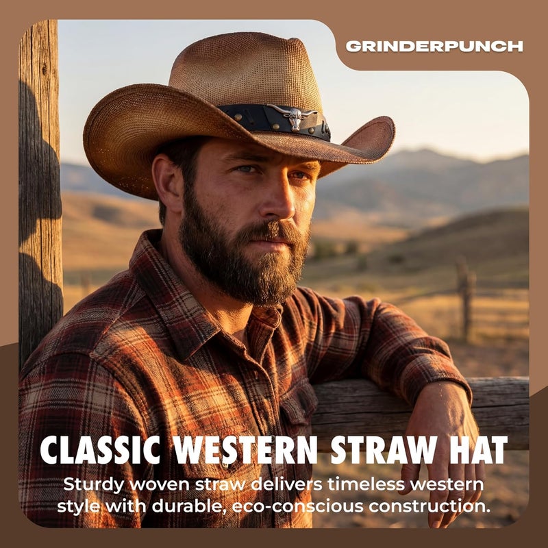 grinderPUNCH Western Outback Cowboy Hat Men's Women's Style Classic Straw Western Cowgirl Hat - Image 2